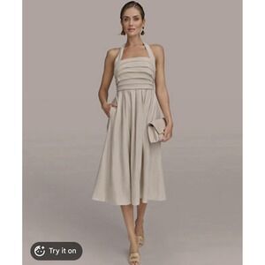 NWT Donna Karan Halter Linen Blend Pleated Bodice Midi Dress Natural Color 4